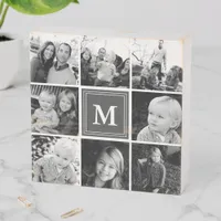 Square Photo Collage Gray Monogrammed Custom Wooden Box Sign