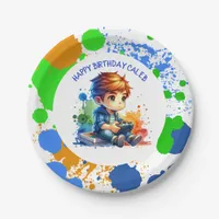 Boy Playing Video Games Personalized Birthday Paper Plates