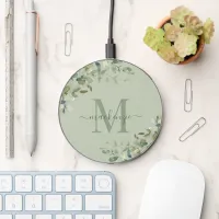 Elegant Sage Green Eucalyptus Botanical Monogram Wireless Charger