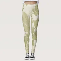 Khaki Green Eco-Friendly Botanical Greenery Print Leggings