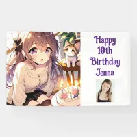 Pretty Anime Girl with Kitten and Birthday Cake Banner