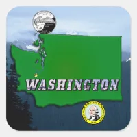 Washington State Map Faux Quarter, Seal, Mountains Square Sticker