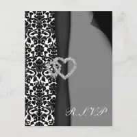 Black and White Damask FAUX ribbon diamante design Invitation Postcard