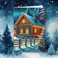 Log Cabin on Christmas Eve Personalized Card