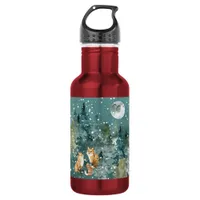 Fox Family Forest Full Moon Snowfall Holiday Small Stainless Steel Water Bottle