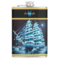 Pirate Ship Glides on Night's Shimmering  Flask