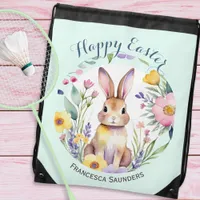 Cute Bunny and Flowers Pretty Happy Easter Drawstring Bag