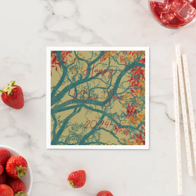  Happy New Year green tree red leaves Napkins