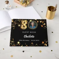 80th Birthday black gold stars photo Guest Book