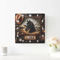 Black Horse Portrait With Western Decor Elements Square Wall Clock