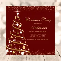 Elegant Burgundy Sparkle Christmas Tree Party Invitation