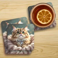Cute Gray Fluffy Tabby Cat with Diamond Collar Beverage Coaster