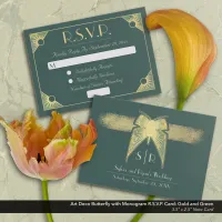 Art Deco Butterfly Monogram Green Gold RSVP Note Card