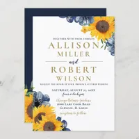 Watercolor Navy Blue Sunflower Rustic Wedding Invitation