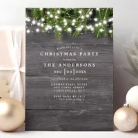 Rustic Pine and Wood String Lights Christmas Party Invitation