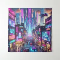 Vibrant Neon Cyberpunk Cityscape Fantasy | Tapestry