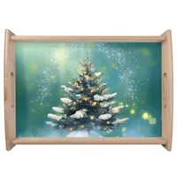 Beautiful Christmas Tree with Snow and Gold Lights Serving Tray