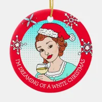 Funny Wine Humor Retro Lady White Christmas Ceramic Ornament