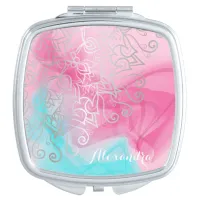 Silver Filigree Henna Ornaments On Pink Turquoise Compact Mirror