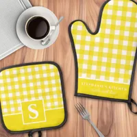 Yellow Gingham Plaid Checkered Monogrammed Oven Mitt & Pot Holder Set