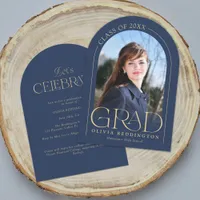 Navy Gold Modern Minimal Photo Arch Grad Party Invitation