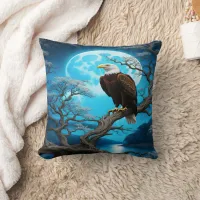 Eagle Perched on a Branch Under a Full Moon Throw Pillow