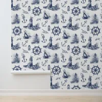 Nautical Lighthouses Navy Blue White Wallpaper