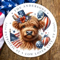 4th Of July Highland Cow Patriotic Return Address Classic Round Sticker