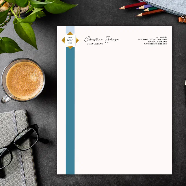 Trendy Teal Stripes Gold Logo Letterhead