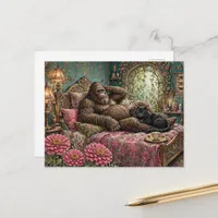 Sasquatch and a Cute Cat Rest in Bed Postcard