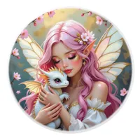An Elegant Fairy and her Baby Dragon   Ceramic Knob