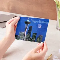 Blue Seattle Skyline Happy Birthday Vellum Invitations