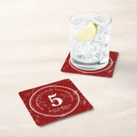 Elegant Red Marble 5 Years Work Anniversary Square Paper Coaster