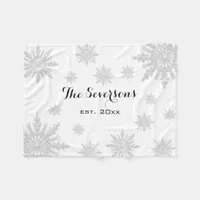 Light Gray Winter Snowflakes on White Fleece Blanket