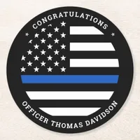 Police Graduation Party Modern Thin Blue Line Flag Round Paper Coaster