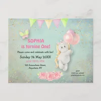 Cute Unicorn/Balloons First Birthday Invitation Postcard