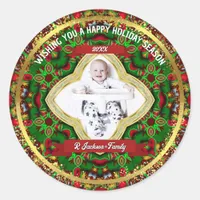 Festive Red Green Gold Family Photo Holiday Classic Round Sticker