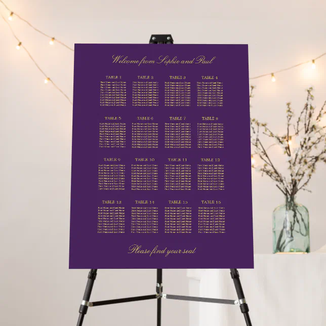 Purple Golden Beige 16 Table Seating Chart Foam Board