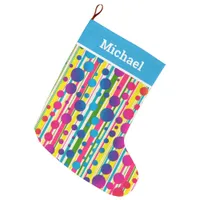 [Beatnik Bubbles] Retro Polka Dot Striped Blue Large Christmas Stocking