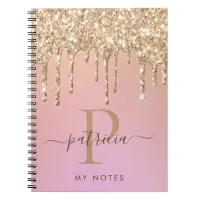 Glam Gold Glitter Drips Elegant Monogram Notebook