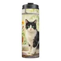 Watercolor Cat and Flowers on Window Sill Thermal Tumbler