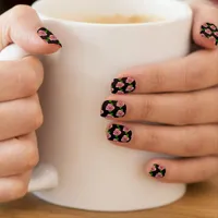 Pink Roses with Green Leaves and Black Background  Minx Nail Art
