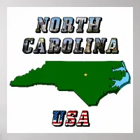 North Carolina Map Outline, Photo & US Flag Text  Poster