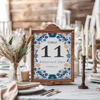 Mexican Blue Orange Floral Elegant Fiesta Wedding Table Number