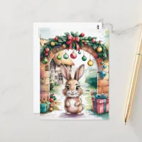 The Cute Brown Christmas Bunny Under an Arch Postcard