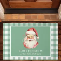 Vintage Santa Green Gingham Personalized Christmas Doormat