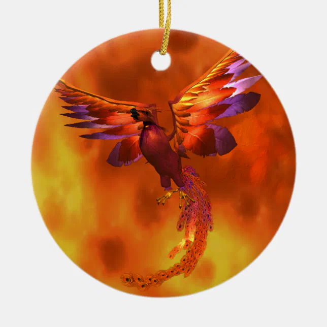 Colorful Phoenix Flying Against a Fiery Background Ceramic Ornament