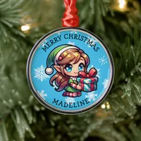 Cute Anime Girl Elf Personalized Christmas Metal Ornament
