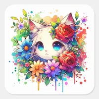 Rainbow Anime Kitten Birthday   Square Sticker