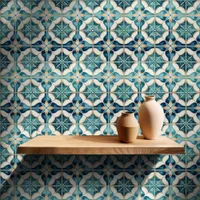 Floral Moroccan Tile Pattern#1 Teal White ID1078 Wallpaper